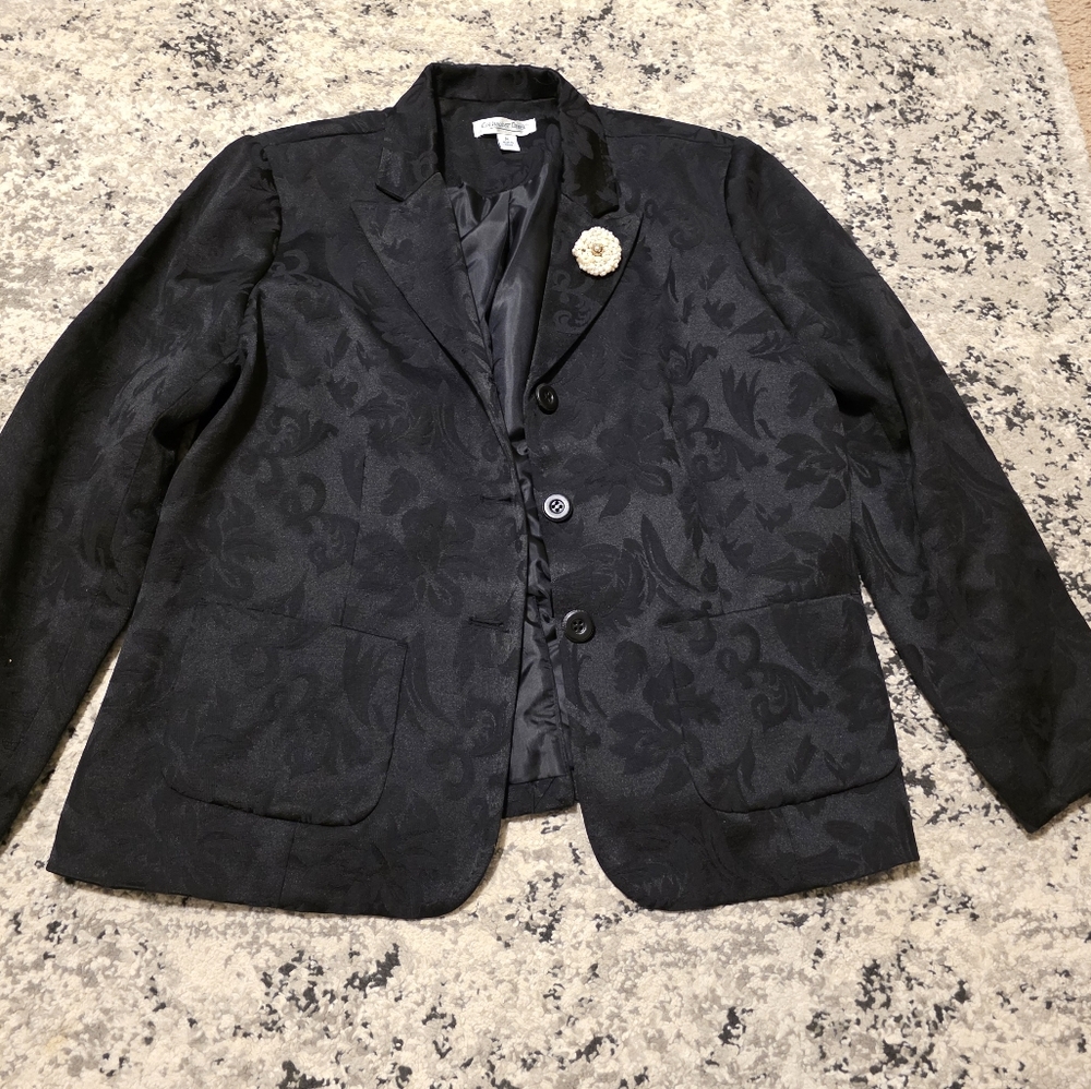 COLDWATER CREEK Black Floral Blazer With Removable Brooch Womens L Petite